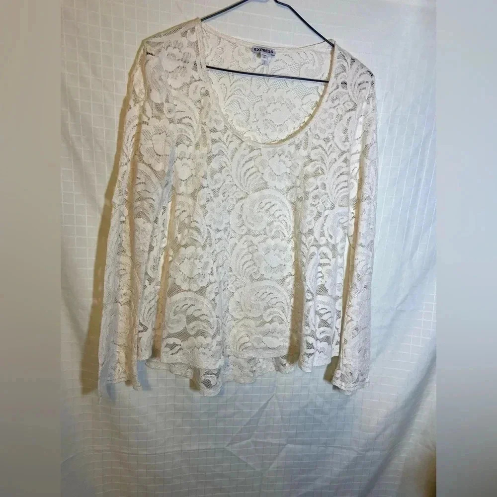 Women’s EXpress lace see-through Shirt Size Small. Cream, Bell Sleeve